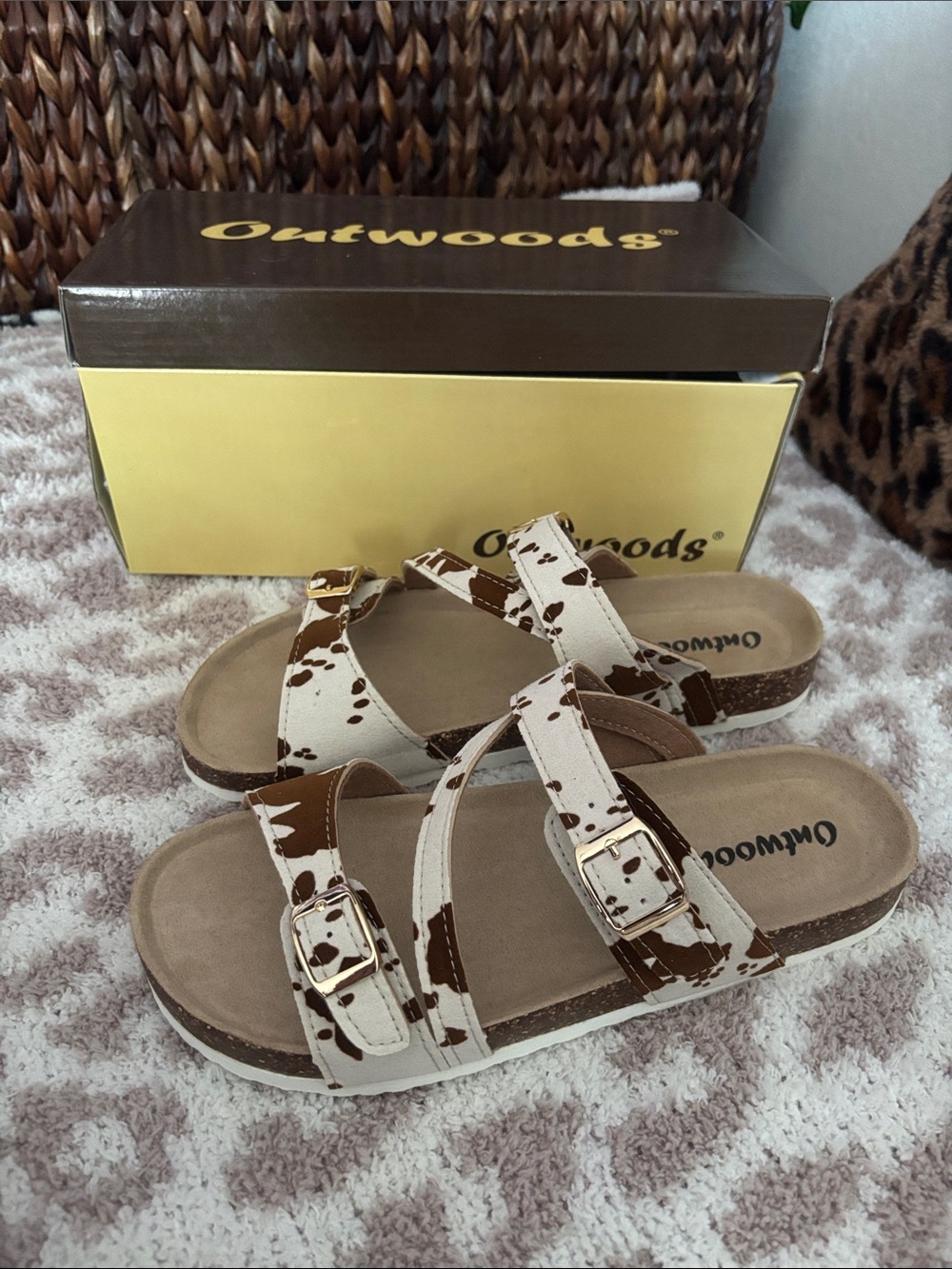 outwoods brown cow print sandals